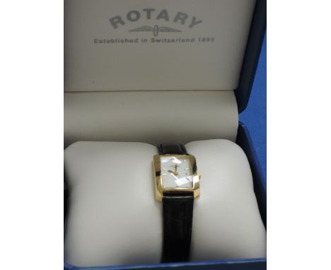 A lady's Rotary wrist watch having baton and Arabic numeral dial to rectangular face on black leather strap