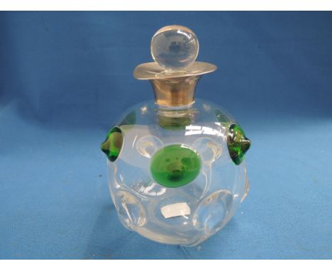 An Edwardian glass spherical decanter having silver rim and green and clear glass dot decoration, Birmingham 1901, Hukin & He