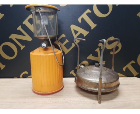 A SWEDISH CAMPING GAS LIGHT TOGETHER WITH SWEDISH CAMPING STOVE AS FOUND