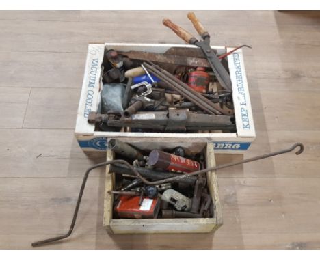 2 BOXES OF MISCELLANEOUS TOOLS INC SHEARS OIL CAN ETC