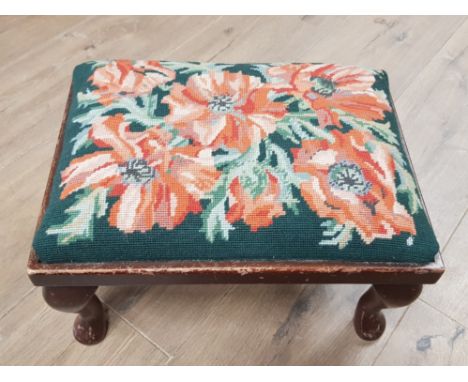 MAHOGANY FRAMED TAPESTRY SEATED FOOTSTOOL
