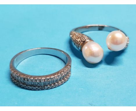 UNUSUAL CZ AND TWIN PEARL RING SIZE P TOGETHER HALF ETERNITY CZ RING SIZE R