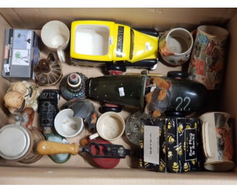 BOX CONTAINING MISC ITEMS INCLUDING RINGTONS WARE AND VINTAGE TEDDY BEAR WITH RACING CAR ETC