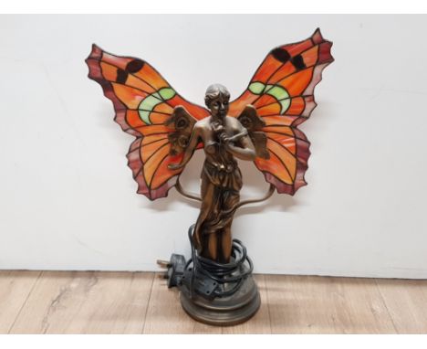 A TIFFANY STYLE LAMP WITH ART NOUVEAU LADY FIGURED BASE