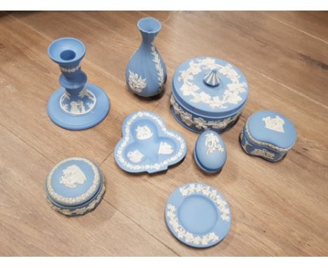 8 PIECES OF WEDGWOOD BLUE JASPER INCLUDES CANDLESTICK TRINKETS ETC