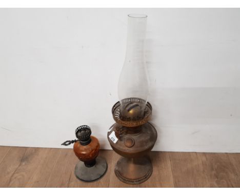 VINTAGE BRASS OIL LAMP WITH GLASS CHIMNEY PLUS 1 OTHER LAMP