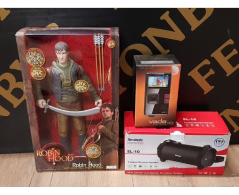 CREATIVE VADO POCKET VIDEO HD CAM TOGETHER WITH SMALODY SL-10 WIRELESS SPEAKER AND BOXED ROBIN HOOD FIGURE IN ORIGINAL CASE
