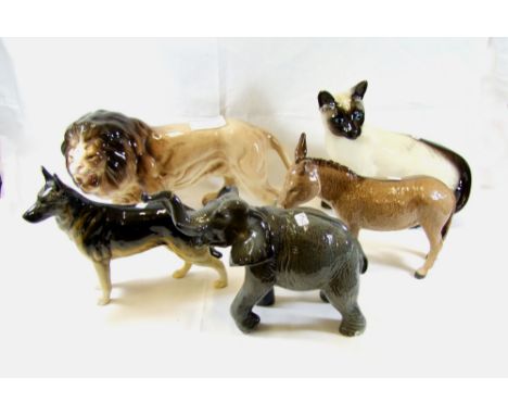 Beswick small elephant (trunk re stuck), Beswick Alsation dog (ear chipped), Beswick Donkey, Melba ware lion and Siamese Cat 