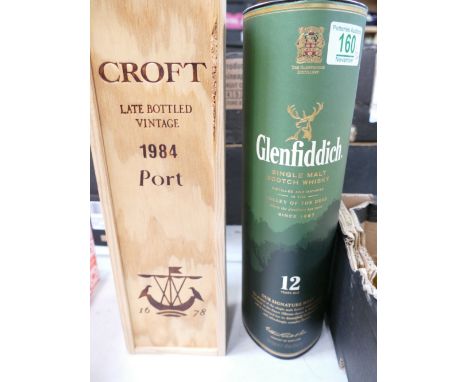 Glenfiddich 12 year old scotch whiskey and 1984 Vintage Port both cased