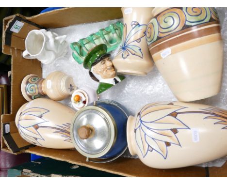 A mixed collection of ceramic items to include - Royal Cauldonware tube lined vases, Wedgwood Biscuit barrel, Carltonware Tob