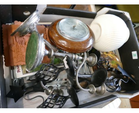 A mixed collection of items inc wrought iron wall sconces, sliver plates candelabra's, oak barometer etc 