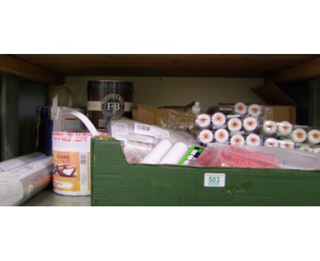 A mixed mixed collection of painting and home decorating items to include brushes, wire brushes, foam mini roller heads, Farr