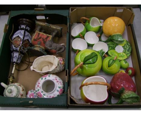 A mixed collection of novelty ceramic items to include Apple theme tea set, lamp base, floral ginger jar etc(2 trays)