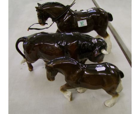 Large Sadler model of Shire horse, similar smaller item, together with large bull (damage to hoof). (3).