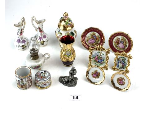 Assorted china ornaments inc. Capo-di-Monte vase 5" high, pair of urns, miniature oil lamp, red/gold glass vase, 2 Limoge fra