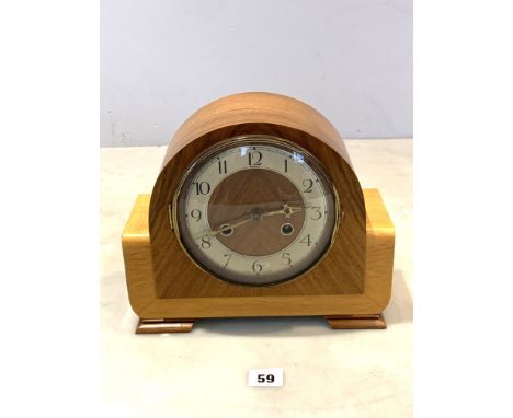 2-hole walnut mantle clock by Andrew, with pendulum and key. 10" long x 9" high