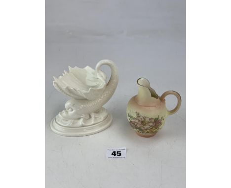 Royal Worcester Blush Ivory Flat-Back jug 4" high and Royal Worcester white fish and shell dish 4.5" high