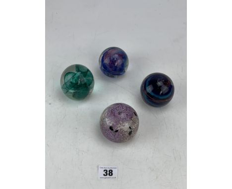 4 paperweights inc. K. Held Art Glass, Guernsey Island Studios and others