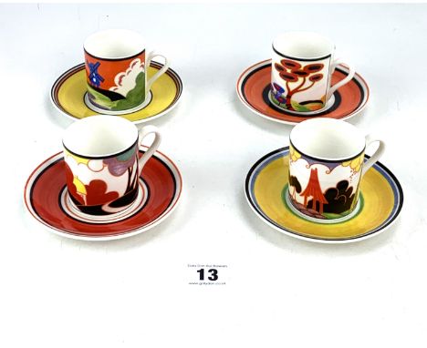 4 Ltd Ed. Clarice Cliff cups and saucers 'Windmill', 'Summerhouse', 'Autumn' and 'Red Tree'