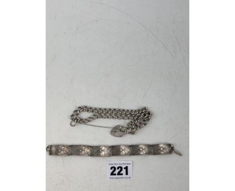 Silver gate bracelet with heart lock and engraved silver bracelet, total w: 1.35 ozt