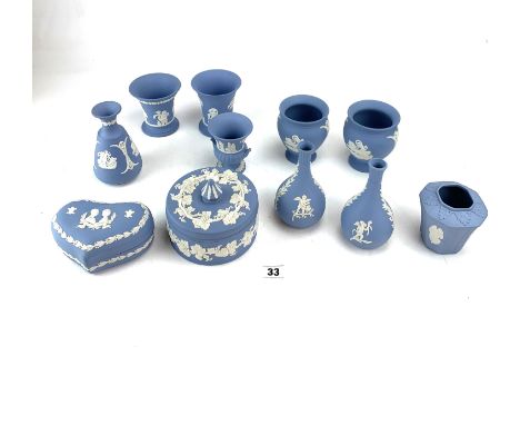 11 pieces of Wedgwood blue Jasper ware inc. Charles &amp; Diana heart shaped trinket box, round lidded trinket box and 9 asso
