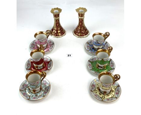 6 Bavarian cups and saucers marked JK Decor, Carlsbad (no damage) and pair of Bavarian candlesticks 5.5" high (wear to gilt o