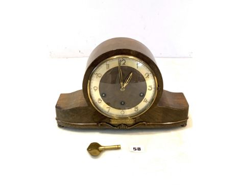 3-hole walnut mantle clock with presentation plaque to George Stevens, Jan. 1956, working with key, 12" long x 8" high