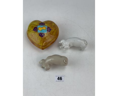 Pair of Royal Dux pigs 3.5" long (1 leg broken) and Limoge heart shaped trinket box 5" wide