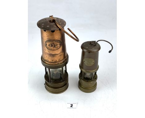 2 miners lamps - Patterson Lamps Ltd  Gateshead-on-Tyne 175, 10" high and Lamp &amp; Limelight Company Hockley, 7" high