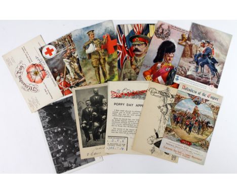 Military, 12 better Artist Signed etc., Boer War (3), Poppy Appeal, Salvation Army; Harry Payne Red Cross (2), Defender of Em