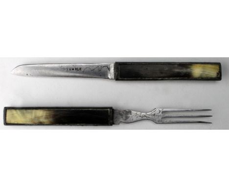 Campaign set of knife and fork in horn and pewter 19th century. Knife blade marked "Temple"