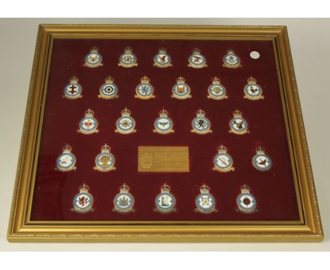 RAF Museum framed badge collection (complete) each badge silver hallmarked (1981) and gilt, with enamel. 