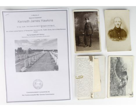 Tank Corps Memorabilia relating to 2nd. Lieut. Kenneth James Hawkins and 2 others - comprising 2 In Memorium Accounts and 7 P