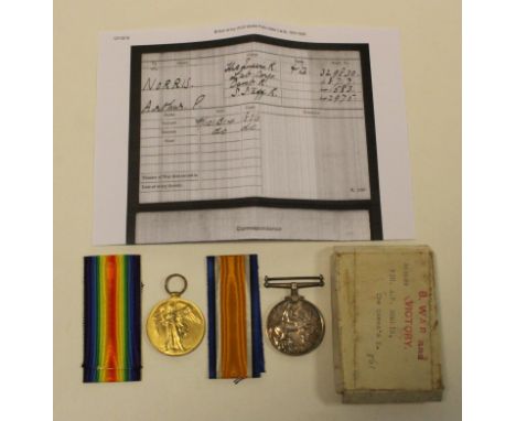 BWM & Victory Medal to 329839 Pte A P Norris The Queens R. With box of issue.  GVF  (2)