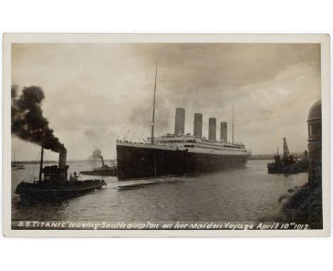 SS Titanic being pulled by tugs from Southampton on maiden voyage, rare R/P by G Courtney    (1)
