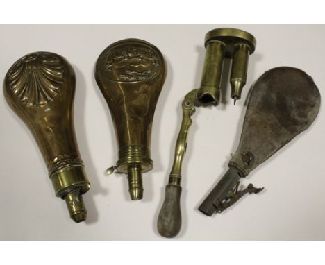 19th century Hawksey embossed powder flask with one other and a leather shot flask with vintage loading tool  