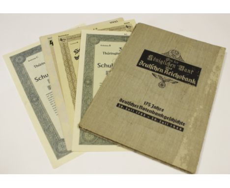German WW2 unusual Bank presentation book with portrait of Adolf Hitler inside comes with two 1942 bank share certificates   