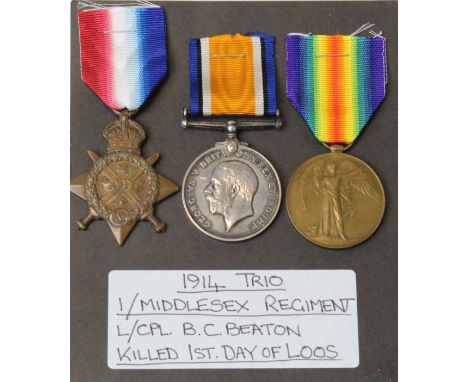 1914 Star Trio to L-9593 Pte B C Beaton 1/Middx R. (Cpl on pair). Killed In Action 25 Sept 1915 1st Day of Loos. Buried Cambr
