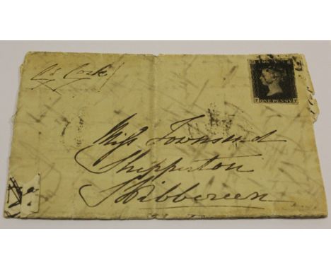 GB 1840 1d Penny Black (P-F) identified as likely Plate 9, 3 margins, light horizontal crease, no tears, on letter entire wit