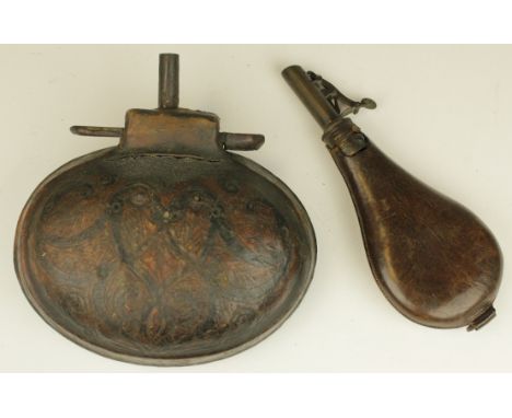 Powder Flasks - a scarce antique Tortoise Shell powder flask, together with a standard leather flask  (2)  a/f