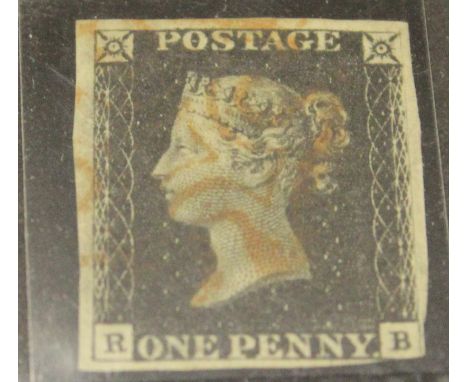 GB 1840 1d Penny Black (R-B) identified as likely Plate 1b, almost 4 margins but close at lower-right, no tears thins or crea