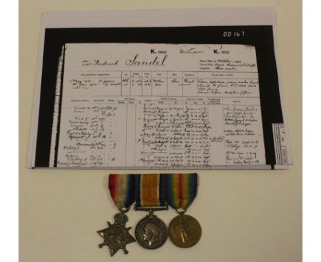 1915 Star Trio mounted as worn to K.6666 F Sandel STO.1.RN. With copy service papers, born West Bromwich.   (3)