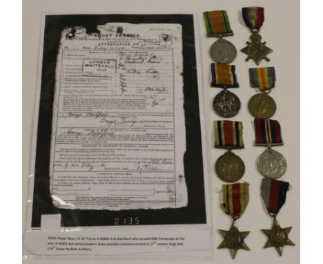 1915 Trio with Special Constabulary Long Service medal to k.54425 C D Rochford RN with large photo wearing medals with his so