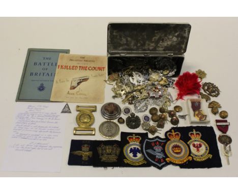 Small box of various Militaria inc Cap badges, cloth badges, etc etc, plus an unusual WW1 (1917 silver hallmarked) Red Cross 