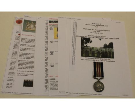 Military Medal GV named 20629 Cpl H Goodbrand 22/Manchester R. MM L/G 12/3/1917 for operations on the Ancre, Somme 11th to 15