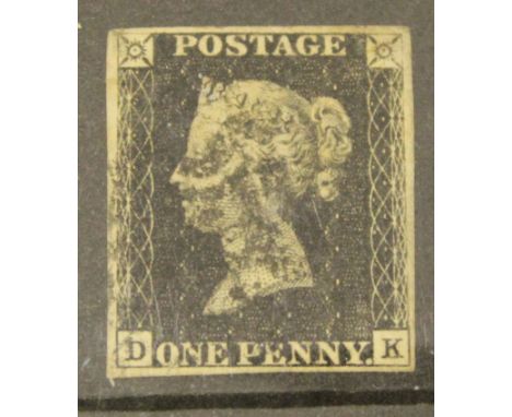 GB 1840 1d Penny Black (D-K) identified as likely Plate 4, just 4 margins, no tears thins or creases, black MX