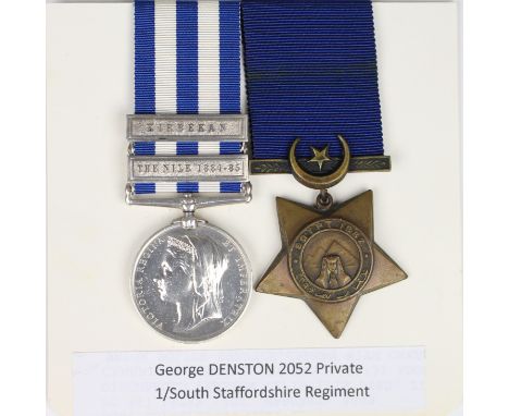 Group: Egypt Medal dated Reverse with bars The Nile 1884-85 and Kirbekan plus Khedives Star dated Egypt 1882 to 2052 Pte. G. 