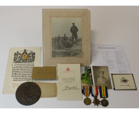 1915 Star Trio and Death Plaque + named Casualty Scroll. Medals named 3544 Pte F W Bradford R.W.Kent Regt. Died while serving
