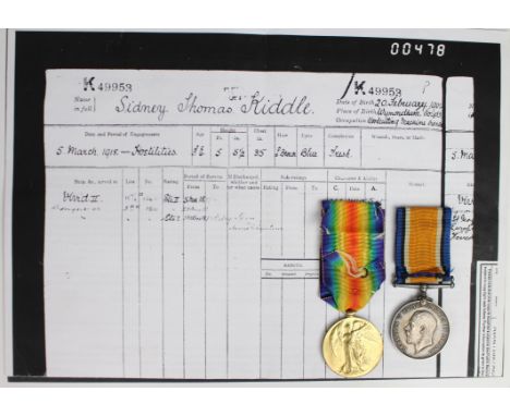 BWM & Victory Medal to K.49953 S T Kiddle STO.2.RN.  With copy service papers. Born Wymondham, Norfolk.   VF  (2)