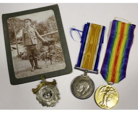 Bedfordshire Reg WW1 Casualty BWM & Victory medals with photo and hat badge to 25508 Pte A J Coles  Ist bn Bedfordshire Reg, 
